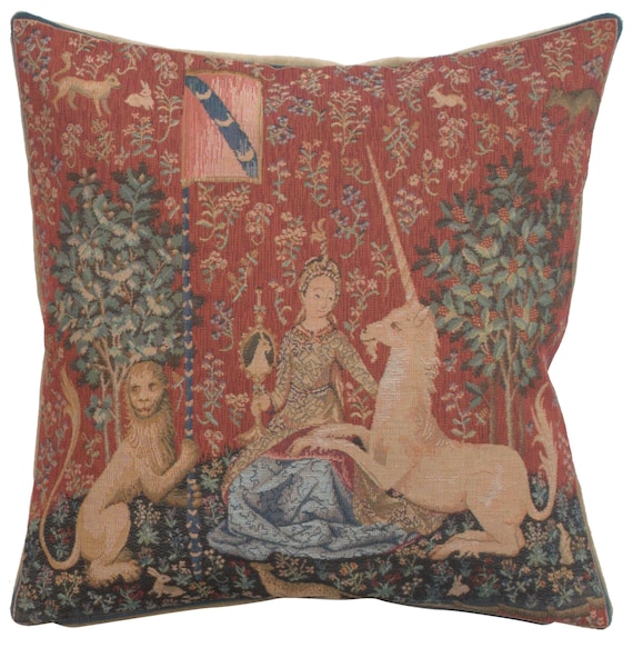 Lady and the Unicorn Tapestry Cushion Cover: Woven Medieval Art Pillow (14x14 inch)