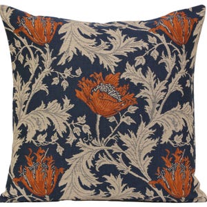 Anemone Blue Rust Tapestry Pillow Cover – Floral Woven Cushion Cover – Square Throw Pillows Case for Sofa & Home Decor