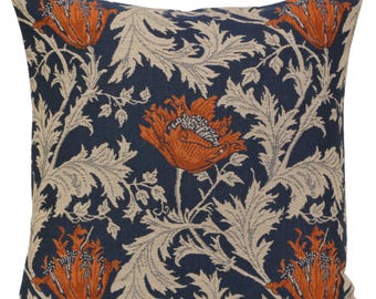 Anemone Blue Rust Tapestry Pillow Cover – Floral Woven Cushion Cover – Square Throw Pillows Case for Sofa & Home Decor