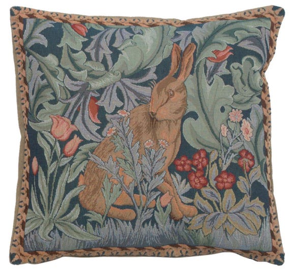 William Morris Rabbit Tapestry Pillow Cover: Jacquard Woven Cotton Cushion (19x19 inch)