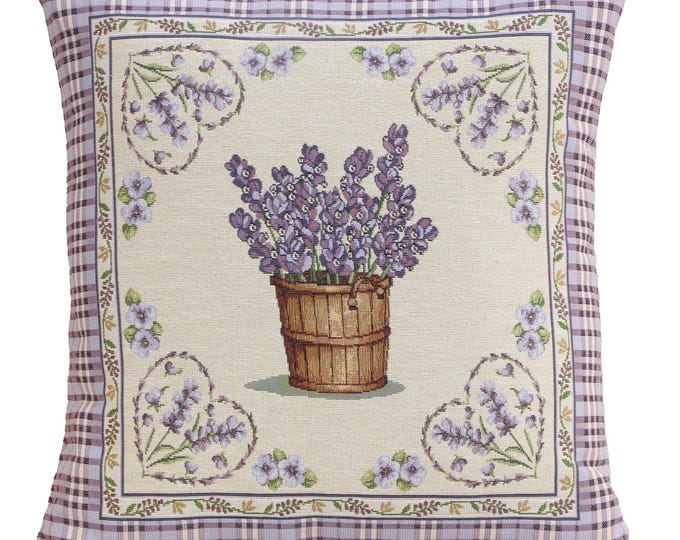 Lavender Hearts Tapestry Cushion Cover 18x18 Inch - French Country Throw Pillow Case - Woven Decorative Pillows Cover for Home Decor