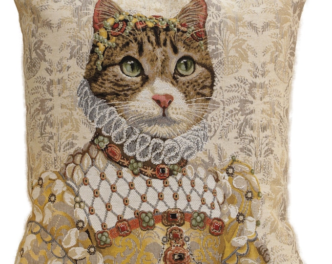 Grey Cat Sisi Tapestry Pillow Cover: Belgian Woven Cotton, 18x18 Inch