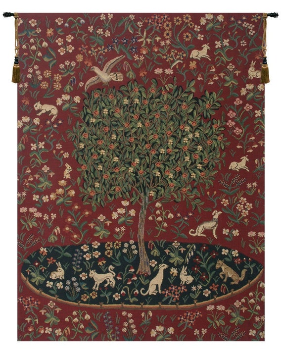 Cluny Tree Tapestry: Woven European Wall Decor - Millefleurs Red