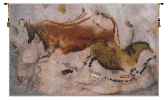 Lascaux Cave Painting Tapestry: Cow & Horse Jacquard Wall Art (35x56 inch)