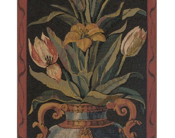 Tulips European Wall Tapestry - Flower Bouquet Decorative Wall Art - Woven Wall Décor Art - Black Background Floral Tapestry Wall Hanging