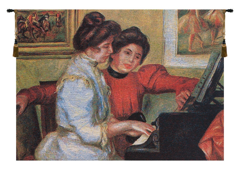 piano tapestry wall hanging vintage music art Belgian woven jacquard classical interior scene piano players elegant home decoration