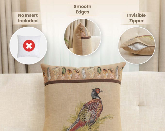 Elegant Pheasant French Tapestry Cushion Cover 19x19  - Jacquard Woven Decorative Throw Pillow Case