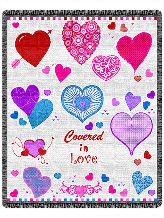 Hearts Tapestry Throw: "Covered in Love" - 58x60 inch