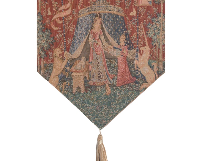 Mysterious Small Tapestry Table Runner with A Mon Seul Desir Motif