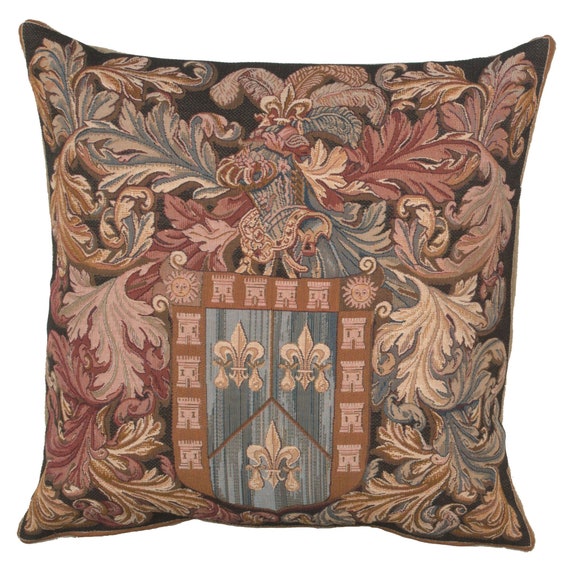 French Tapestry Pillow Cover: Armoires Au Heaume, Woven Cotton Cushion (19x19 inch)