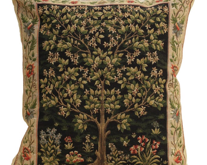 Woven Tree of Life Tapestry Pillow Cover 18x18 - William Morris Art Inspired Beige Cushion