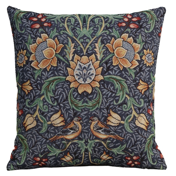 Floral Tapestry Pillow Cover: Jacquard Woven Birds & Flowers, 18x18 inch