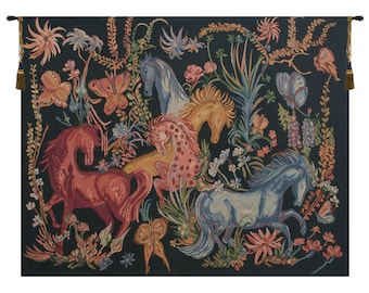 Cheval Azures European Wall Tapestry - Black Background Belgian Tapestry Wall Art - Modern Wall Décor - Horse and Buttery Art Wall Hanging