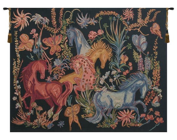 Cheval Azures European Wall Tapestry: Modern Black Belgian Horse Art Hanging for Home Decor
