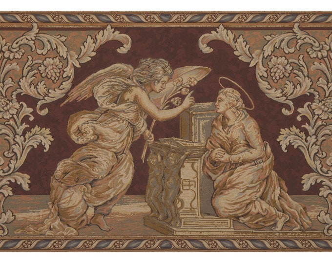 Annunciation European Wall Tapestry - Religious Jacquard Wall Decor Art - Woven Italian Wall Tapestry -  Red Floral Unique Wall Hanging