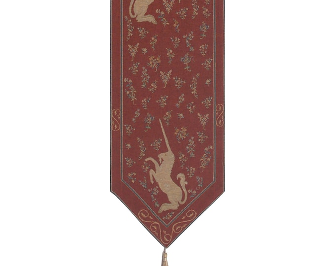 Unicorn Tapestry Table Runner: French Jacquard Woven Medieval Decor