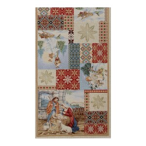 May include: A rectangular tapestry featuring a patchwork design with Christmas and Nativity scenes. The tapestry includes images of angels, snowflakes, and the Nativity scene with Mary, Joseph, and baby Jesus. The color palette includes red, blue, and beige.