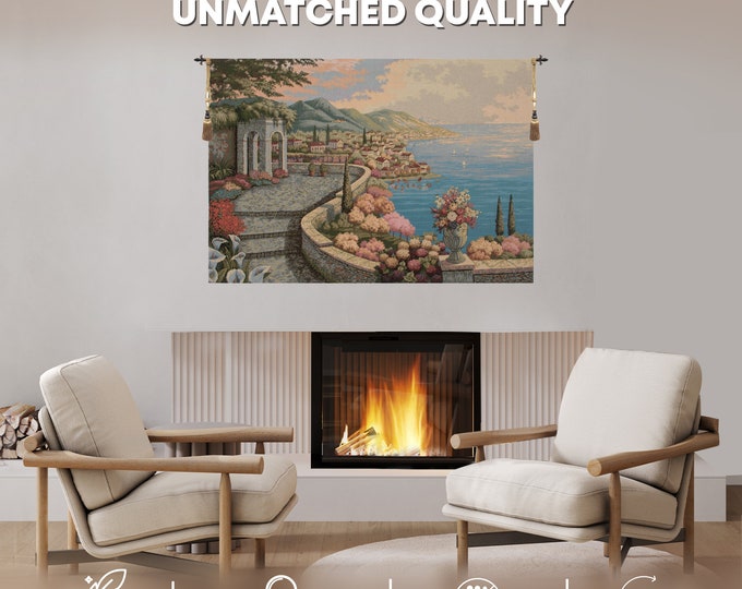 Lake Como Tapestry: Italian Woven Wall Hanging, Floral Lake View (36x53 inch)