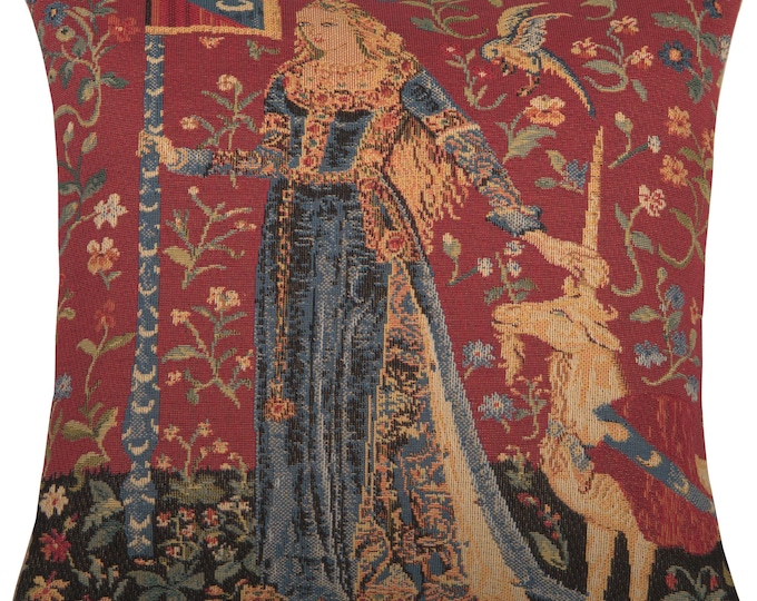 Belgian Tapestry Pillow Cover 14x14: Medieval Lady and Unicorn Cushion