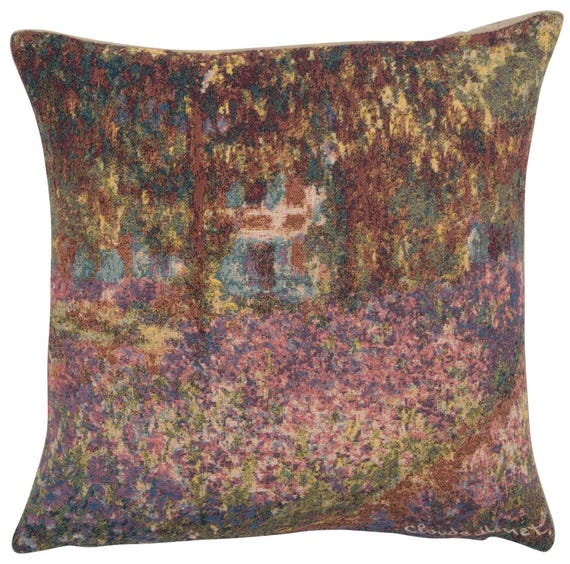 Monet's Iris Garden Tapestry Pillow Cover: Belgian Woven Cushion (18x18)
