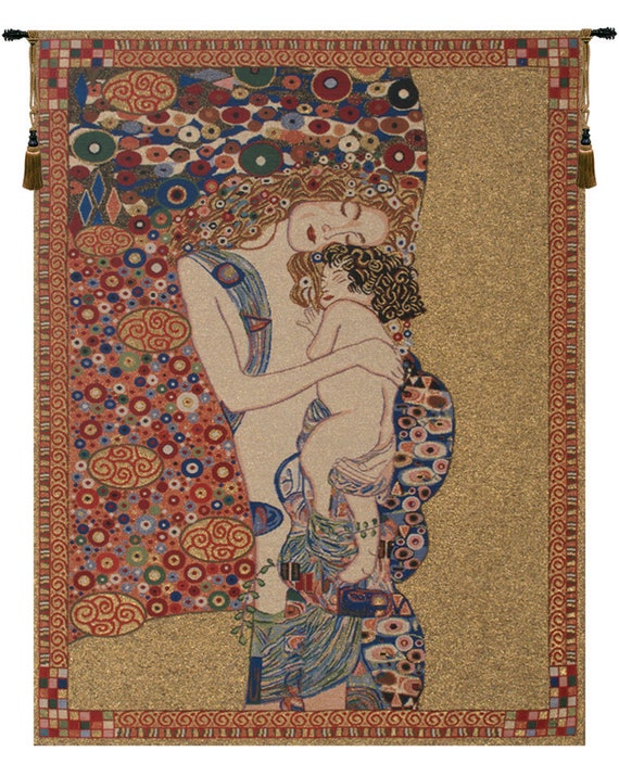Klimt's Mother and Child Tapestry: Woven Jacquard Wall Art
