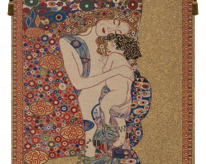 Klimt's Mother and Child Tapestry: Woven Jacquard Wall Art