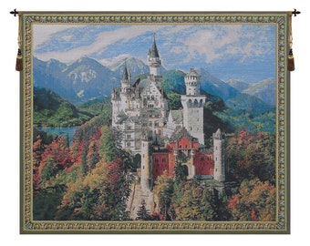 Neuschwanstein Castle Bright Decorative Wall Tapestry | Jacquard Woven European Wall Art | Italian Still Wall Tapestry | Decorative Wall Art