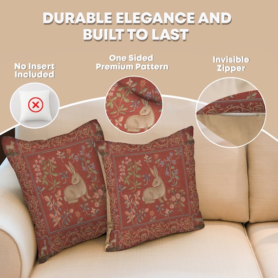 Medieval Rabbit Tapestry Pillow Cover: French Woven Cushion, 19x19 inch