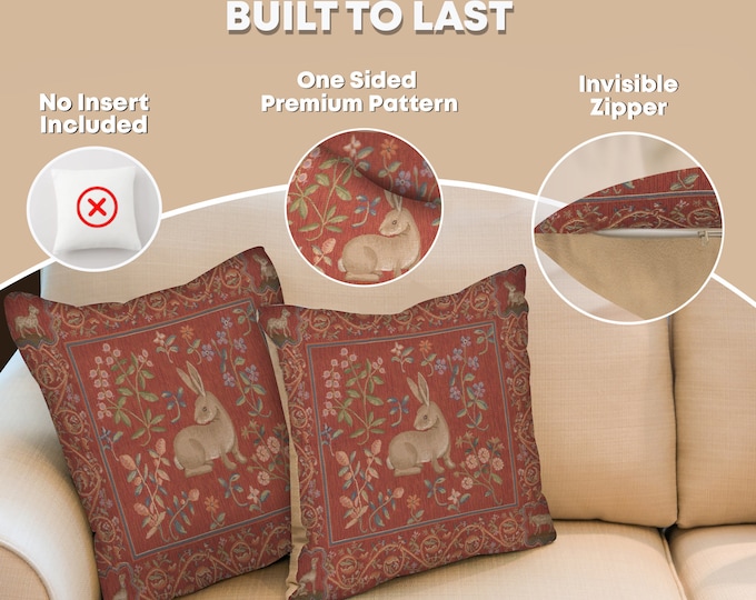 Medieval Rabbit Tapestry Pillow Cover: French Woven Cushion, 19x19 inch