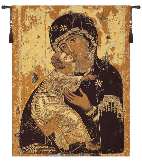 Madonna Di Vladimir Italian Tapestry 33x26 Inch Jacquard Woven Virgin Mary and Jesus Religious Wall Tapestry Christian Wall Art Etsy Canada