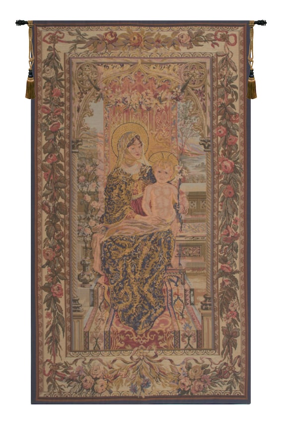 Madonna and Child Tapestry: Woven Belgian Religious Wall Hanging