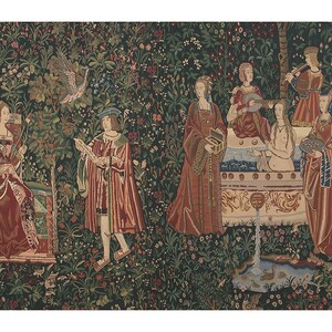Millefleurs Woven Wall Tapestry: European Medieval Bath & Reading Scene