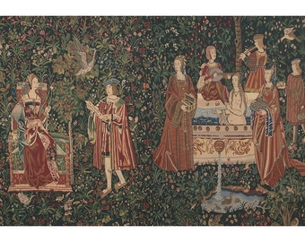Bath and Reading in the Garden Wall Tapestry Woven - European Medieval Wall Hanging - Millefleurs Decorative Wall Art