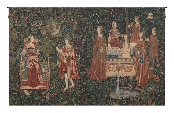 Millefleurs Woven Wall Tapestry: European Medieval Bath & Reading Scene