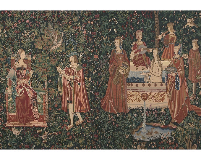 Millefleurs Woven Wall Tapestry: European Medieval Bath & Reading Scene