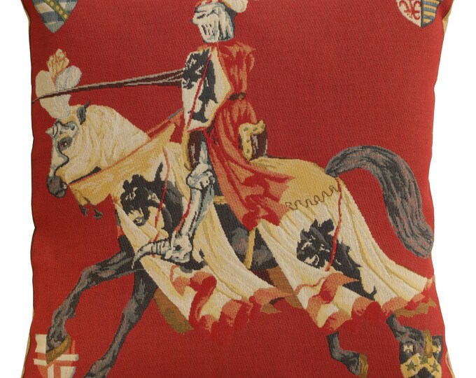 Red Knight Tapestry Pillow Cover: Belgian Woven Cotton Cushion (18x18 inch)