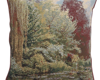 Trees Monet's Garden Belgian Tapestry Cushion Cover - Woven Pillow Cover - 17x17 inch Square Cushion Cover - Gobelin Sofa Pillow Cover