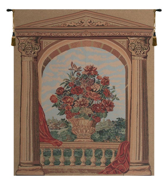 La Terrasse Tapestry: Jacquard Woven Floral Still Life Wall Art