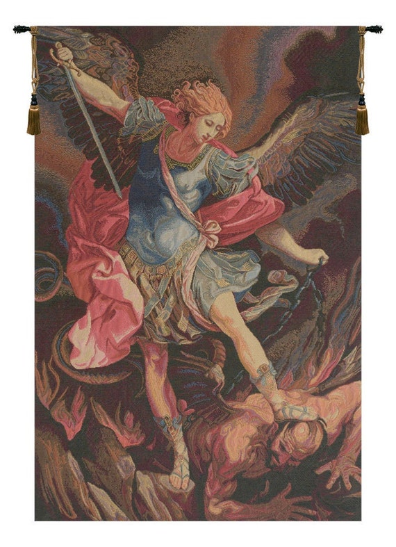 St. Michele Arcangelo European Woven Tapestry - Young Lady Religious Wall Hanging - Italian Decorative Art