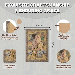 Gustav Klimt 'The First Kiss' Tapestry Wallhanging, Jacquard Woven Wall Tapestry image 5