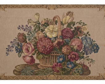 Flower Basket with Cream Chenille Background European Wall Decorative Tapestry - Floral Italian Wall Hanging - Jacquard Woven Wall Tapestry