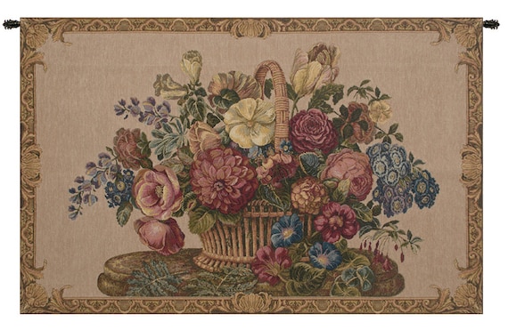 Floral Basket Tapestry: Italian Jacquard Woven Wall Hanging (24x42 inch)