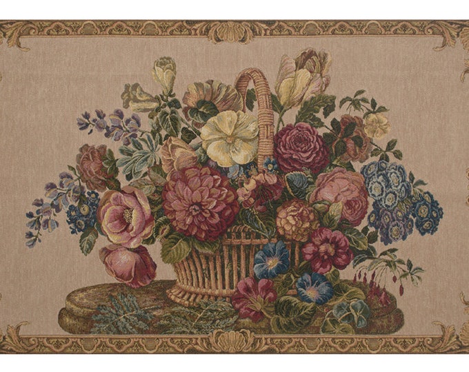 Floral Basket Tapestry: Italian Jacquard Woven Wall Hanging (24x42 inch)