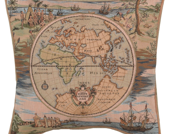World Map Tapestry Cushion Cover: Jacquard Woven Throw Pillow (19x19)