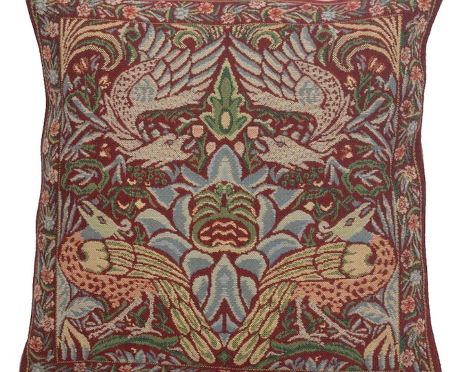 Peacock and Dragon Red Tapestry Pillow Cover - Gobelin Sofa Cushion Cover 16x16 - William Morris Art Woven Pillow Cover