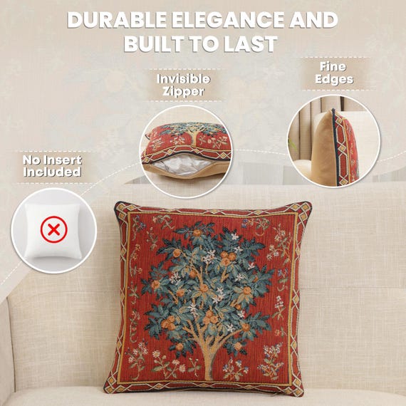 Medieval Orange Tree Jacquard Tapestry Pillow Cover 14x14 - Decorative Woven Cushion Art for Home