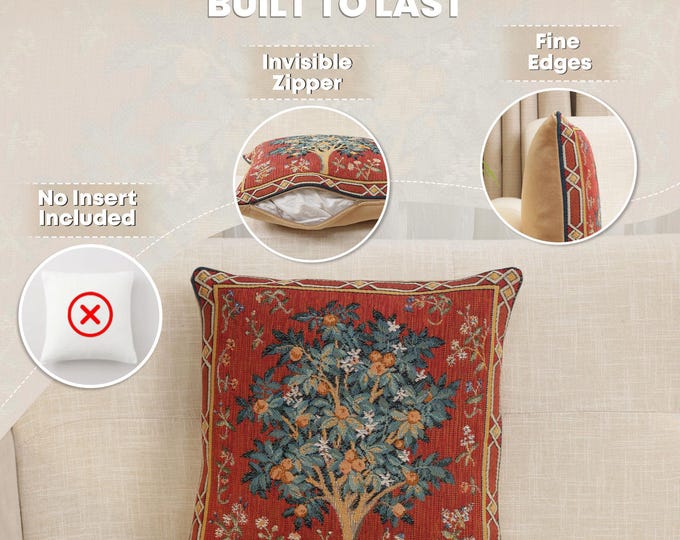 Medieval Orange Tree Jacquard Tapestry Pillow Cover 14x14 - Decorative Woven Cushion Art for Home