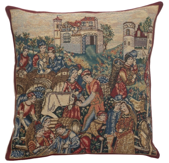Belgian Wine Tapestry Pillow Cover: Vintage Jacquard Woven Cushion, 16x16 inch