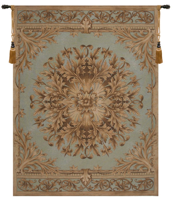 Les Rosaces Blue French Tapestry: Medieval Wall Hanging