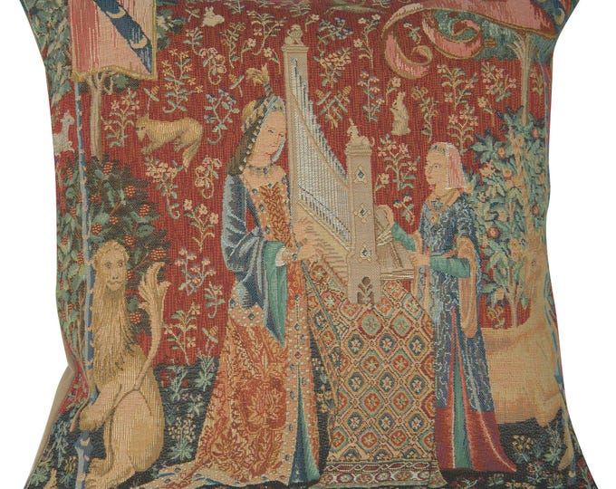 Medieval Tapestry Cushion Cover: The Hearing, French Jacquard Pillow (19x19 inch)